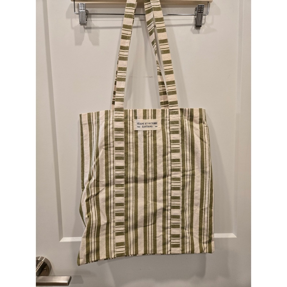 Sezane et Octobre Editions Paris Striped Canvas Tote Bag Olive Green Cream - Picture 3 of 9